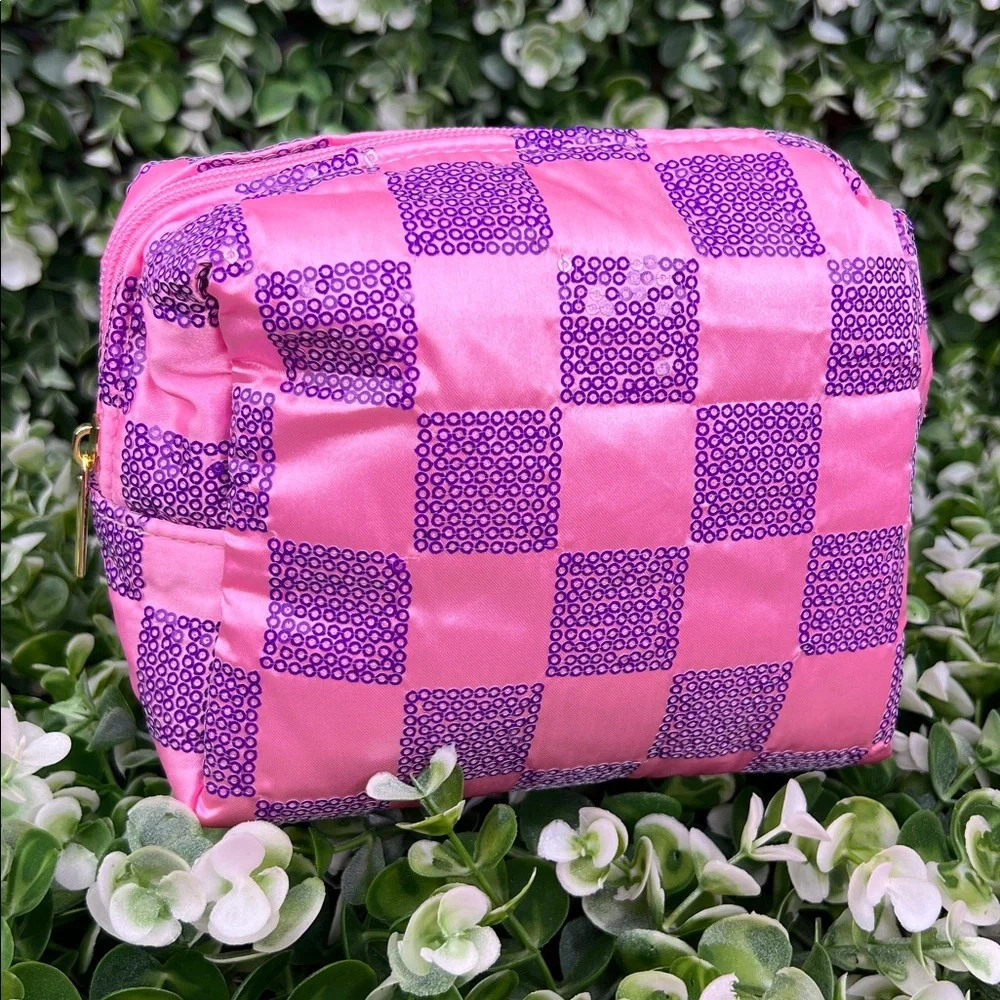 Ulta Beauty Pink and Purple Sequins Check Pattern Cosmetic Pouch Bag